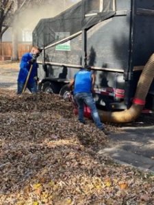 Lakes Landscaping Services Fall cleanup crew working on removing leaves from yard, driveway, roadway, and sidewalk.
